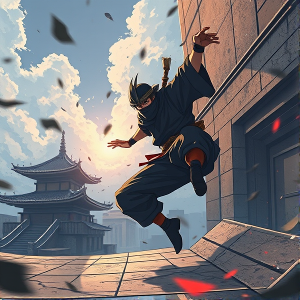 One ninja is falling of building fighting samurai that is on the floor intensely