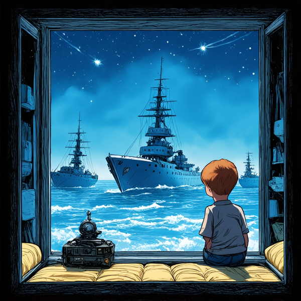 Un jeune garçon contemple, depuis la fenêtre de sa chambre, un rassemblement imposant d'une armée extraterrestre aux multiples vaisseaux et soldats aux allures futuristes, illuminés par les lumières émanant de leurs équipements high-tech