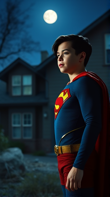 1990's Movie Scene: Jon Kent, AKA Superboy, the young little 12-year old super son of Superman, and the first kid to be born as the world's first Half-Kryptonian child, with an extremely super muscular body, the iconic costume, the singular curled bang sticking out at the front of his flat and smooth black hair, and a long cape, standing in an abandoned house at night, looking for clues to the mystery he is trying to solve.