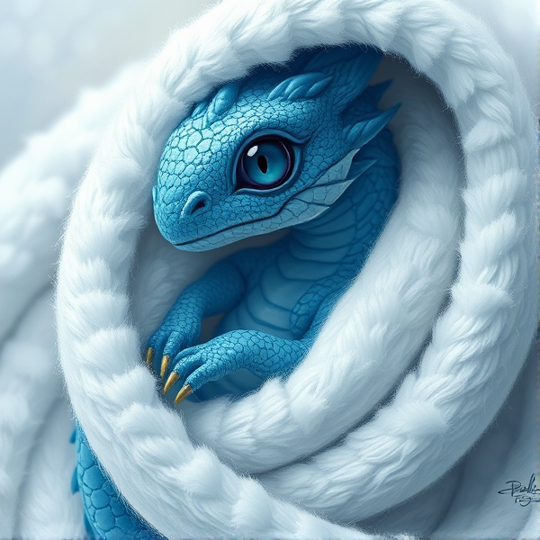 A blue baby dragon wrapped in a white fluffy blanket realistic