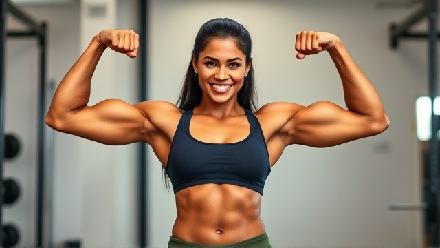 Confident young Latina woman performing a powerful front double bicep pose, showcasing defined muscles and strength, with an enthusiastic expression on her face, set against a simple gym background to emphasize her physique