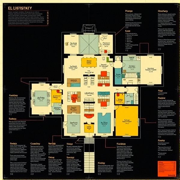 floor plan with text in the style of El Lissitzky with colors