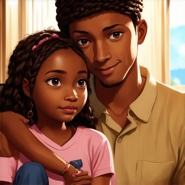 An 8-year-old African girl with intricate traditional braided hair, sitting comfortably on her mother's lap, both exuding a warm and nurturing atmosphere. The mother is depicted as loving and protective, embracing her daughter in a cozy, homelike setting and there are his father also with her