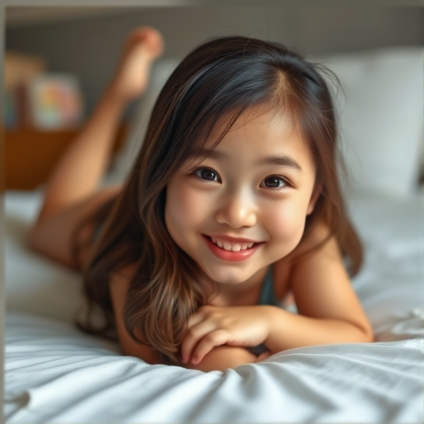 An Asian girl laying on her tummy on the bed smiling at the camera