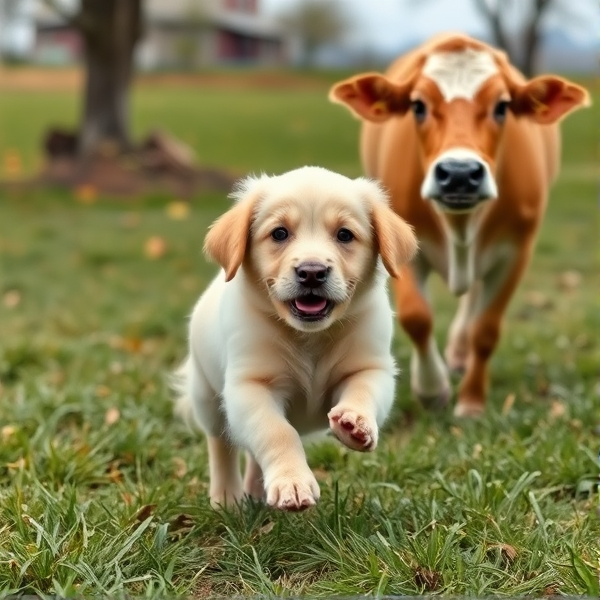Bebe golden retriever poursuivi par une vache