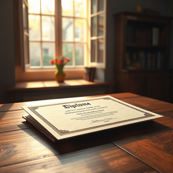 diplôme posé soigneusement sur une table en bois avec l'inscription diplôme en français lumière douce de matin filtrant par une fenêtre ouverte, ambiance studieuse