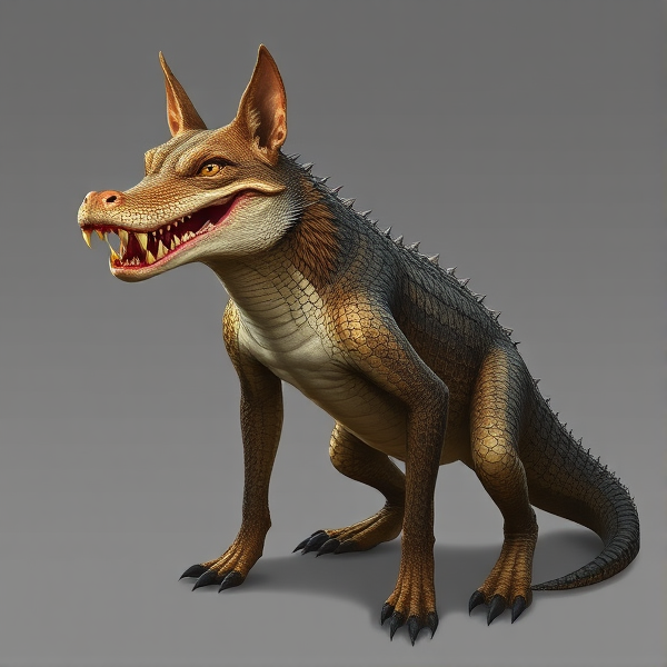 A hybrid creature with the head of a dingo, featuring prominently enlarged, sharp crocodile teeth, seamlessly transitioning into a robust crocodile body complete with its scales and tail. The creature should exude a wild, menacing aura.