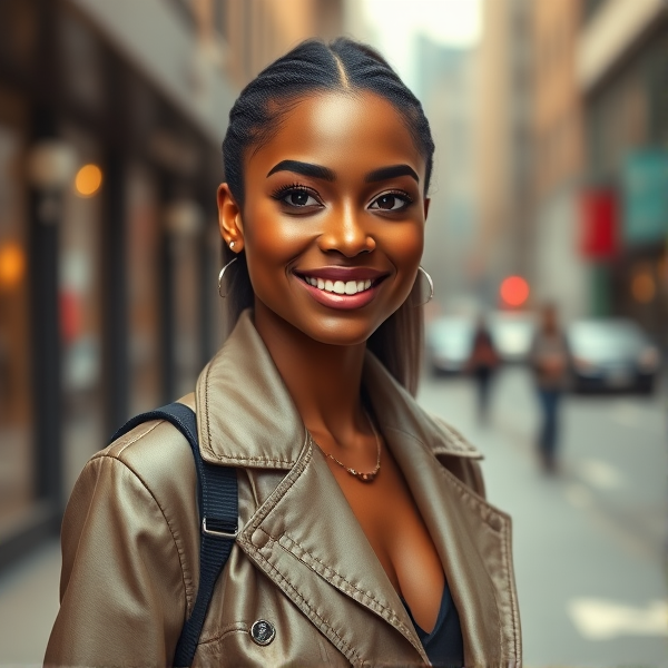 beautifull young African American woman with a vibrant smile, stylishly dressed in modern fashion, posing confidently against an urban background