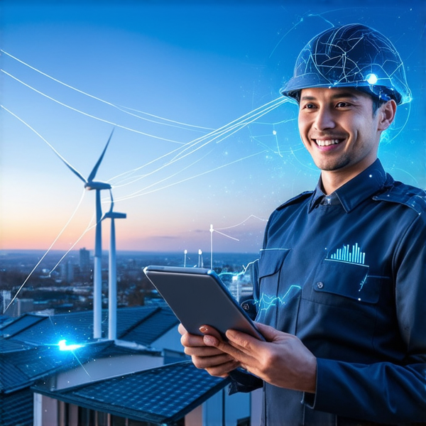Un réseau de smart grid futuriste intégré harmonieusement dans une ville écologique avancée, avec des lignes électriques sophistiquées interconnectant les bâtiments et des panneaux solaires intelligents sur les toits. Des éoliennes intégrées aux gratte-ciel en arrière-plan. Au premier plan, un ingénieur en uniforme high-tech souriant avec un clin d'œil à la caméra, tenant une tablette qui affiche des graphiques de gestion d'énergie. Le tout est illuminé par une lumière douce du crépuscule reflétant sur les surfaces métalliques et vitrées, accentuant l'impression d'efficacité énergétique. Style hyper-réaliste avec une attention particulière aux textures et reflets. Angle de vue légèrement en contre-plongée pour mettre en valeur la grandeur technologique du réseau