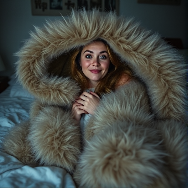 Femme surprise et enjouée, se blottissant sous un plaid en fausse fourrure qui prend vie comme une vague douce et moelleuse l'englobant avec exagération sur un lit désordonné, éclairage tamisé créant une ambiance chaleureuse