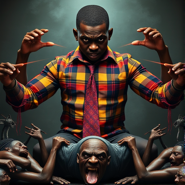 Garçon noir au physique imposant et très masculin, avec une expression de colère intense et un regard sadique perçant. Vêtu d'une chemise à carreaux manches longues aux couleurs éclatantes et arborant une cravate longue qui pend jusqu'au sol. Il est idolâtré tel un dieu par des figures d'esclaves souffrants qui l'entourent, langue pendante. Ses six bras musculeux sont tendus avec menace, chacun pointant agressivement vers sa victime écrasée en dessous. Les yeux du garçon projettent des rayons lasers captivants et hypnotiques, ajoutant à son allure menaçante.