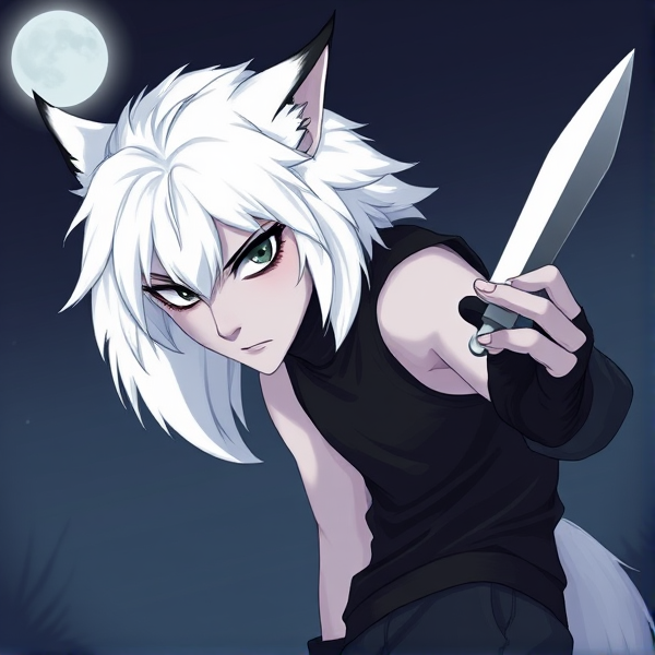 Vix was a paler guy, with dark eye bags, white hair that had black tips, and black eyes. They wore dark grey sweatpants, and a sleeveless turtleneck, with black gloves. He had white, fluffy wolf ears, that faded into black at the tips, and a long, fluffy white wolf tail, which faded into black.
His hair style was almost medium long but not quite, the front of his hair covering the top half of one eye and leaving just enough space to leave the other uncovered. It was almost fluffy, and was shorter ok the sides then the back. Almost like it was alt but not quite.
His clothes with closer inspection was a tight black sleeveless turtleneck, and dark grey sweatpants. As well as a thin see through black fabric cover for his arms. And black fingerless gloves
Not a furry.
Not a full wolf.
He is a werewolf.
Aphmau MyStreet OC.
Please have him glaring at the screen, dagger in hand and eye bags prominent