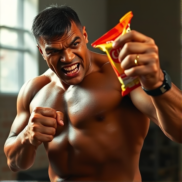 naked mike tyson fighting an evil packet of chips