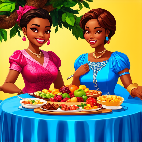 prompt: Un grand repas de famille traditionnel en plein air sous un baobab en Afrique, avec des plats locaux colorés et variés, des fruits exotiques, une grande nappe colorée, des hommes et femmes africains vêtus de tenues traditionnelles multicolores souriants et partageant un moment convivial