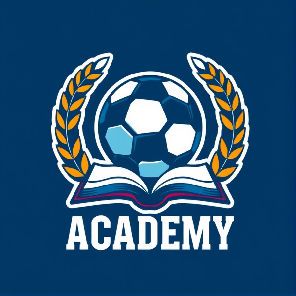 Création d'un logo moderne et dynamique pour une académie de football avec ballon de foot, couronne de laurier et livre ouvert symbolisant l'apprentissage, couleurs vives et lettrage élégant