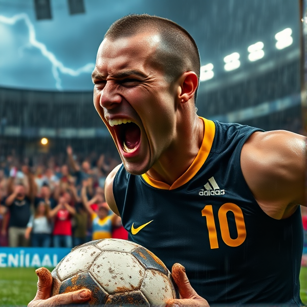 Portrait en gros plan d'un joueur de football triomphant, exprimant avec intensité et fureur sa victoire. Son front est marqué par des veines proéminentes, témoignant de l'effort intense déployé pendant le match. La célébration est saisie dans un cri puissant qui résonne à travers l'atmosphère électrique du stade. La peau luit de sueur, chaque muscle du visage est tendu et détaillé, illustrant des heures d'entraînement acharné. Le maillot, trempé de sueur méritée, épouse les muscles saillants de l'athlète; le numéro 10 emblématique se détache nettement dans son dos. L'arrière-plan est vibrant d'une énergie dynamique : un ciel orageux avec des éclairs dramatiques surplombe le stade rempli à craquer où la foule en extase célèbre bruyamment cet instant historique. Des supporters aux visages peints aux couleurs vibrantes de leur équipe rayonnent d'une joie sans limite. Au sol repose le ballon tacheté de boue près des pieds du joueur victorieux, symbole tangible d'une rencontre disputée sur un terrain humide; des touffes d'herbe autour ajoutent au réalisme de la scène. Le match est celui du football et le héros, ressemblant à Zinédine Zidane, est immortalisé dans sa pose iconique après avoir inscrit un but décisif sous une pluie battante qui intensifie encore plus la tension dramatique ambiante. Il porte un gilet noir avec liseré jaune.