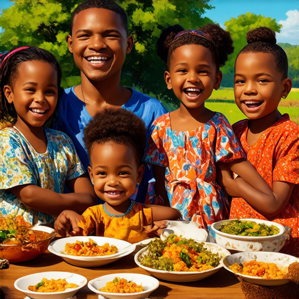 Famille nombreuse souriante réunie autour d'une table rustique en bois garnie de plats traditionnels africains, sous un ciel bleu dans un cadre champêtre avec des arbres et une végétation luxuriante, portant des vêtements africains colorés et variés, échangeant des rires et des conversations chaleureuses