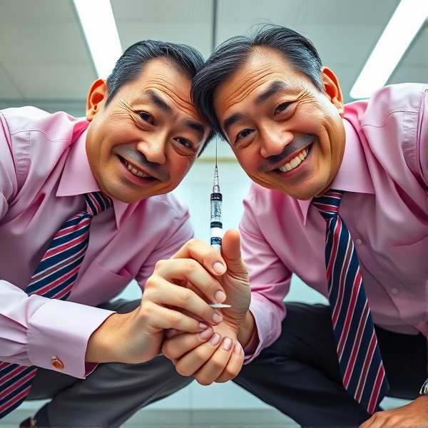 Deux hommes d'affaires japonais senior , vêtus de chemises roses, sont accroupis. Ils arborent des cravates longues et soyeuses avec des rayures bleues et rouges. Leurs regards sont fixes, pénétrants et pleins d'assurance vers l'objectif de la caméra. Les hommes plantent  une seringue profondément dans le cerveau comme s'ils allaient injecter une drogue .La prise de vue est en contre-plongée pour accentuer leur présence imposante
Sourire