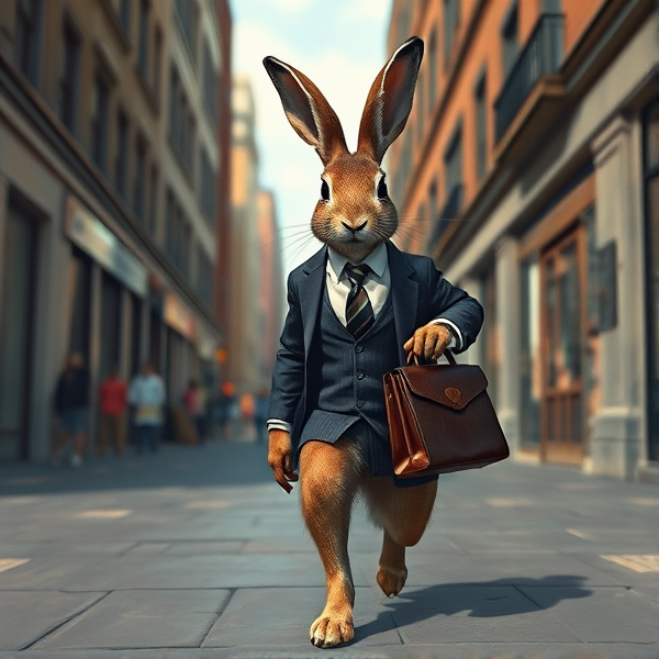 A Rabbit wearing a suit and tie walking down a street on its hind legs carrying a briefcase