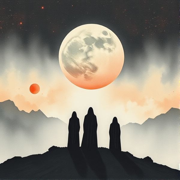 produce a stark psychedelic minimal stylish watercolor indicating telepathic monastic extraterrestrial beings from the planet TRAPPIST-1 e who periodically visit the earth to conduct healing research on abductees who are "taken above"