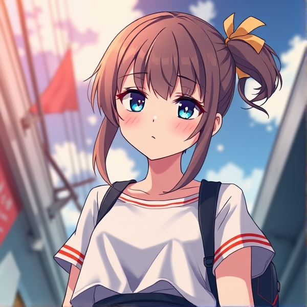 Anime style highschool girl standing above camera up close