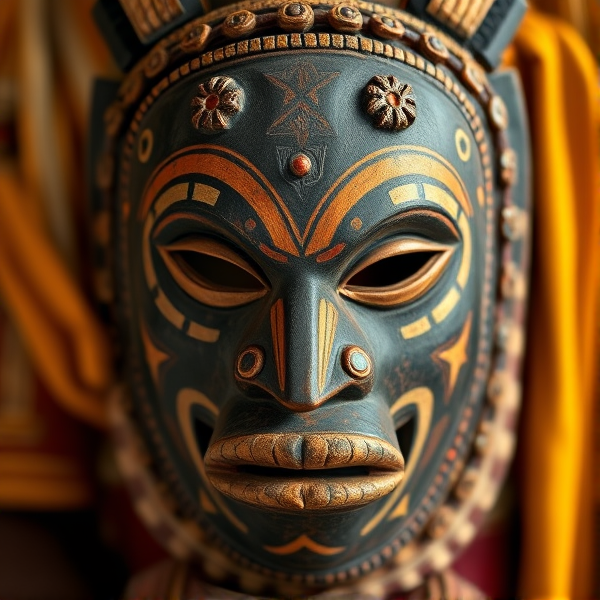 Detailed traditional Ngil mask from the Fang tribe of Gabon, featuring intricate tribal patterns and symbols, high contrast with sharp details and strong facial features, possibly held or worn by a figure in ceremonial attire