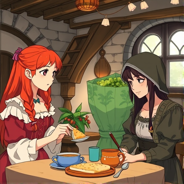 Little Red haired Arthurian princess eats breakfast with a middle aged brunette medieval female peasant in a medieval cottage in the style of anime
