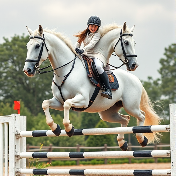 teenage girl riding a big white fancy horse with full gear on over a jump and the horse pulls its knees up to its chin
show entire environment including the ground and don't cut out half of the jump