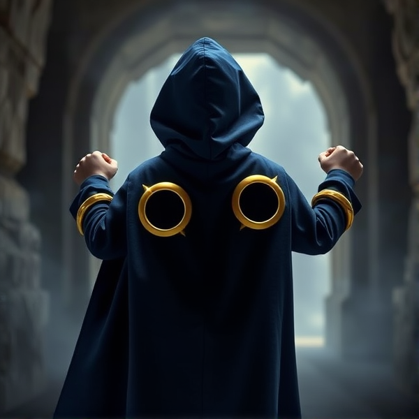 Back angled view of a little boy disguised and transformed into a mysterious blackened and shadowy figure with superpowers wreathed in a big, heel-length, ultra-wide blue hooded cape, calling himself the Chosen One, only being seen by his hooded and caped backside, with 50 magical golden Power Rings on his arms in front of him, 25 each covering them both, flying fast as he soars through the air as he emerges from a portal with his cape billowing majestically, ramming himself fists-first into the midsection of the villain responsible for banishing him.