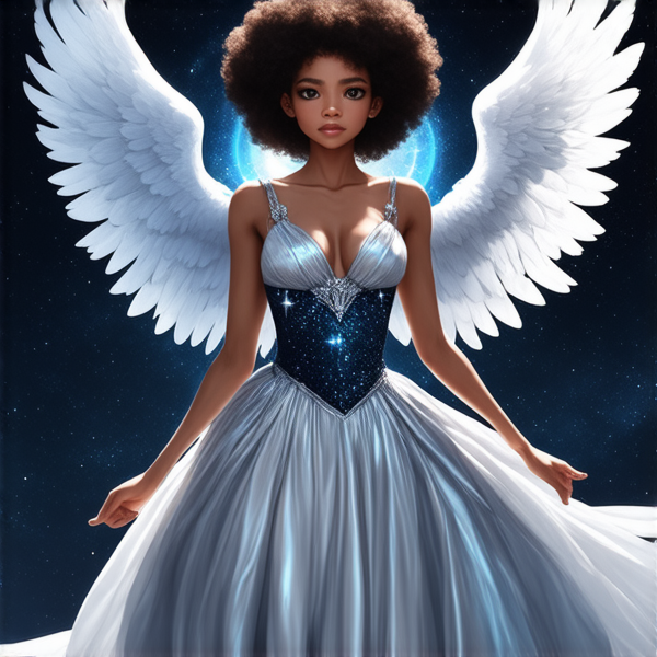 Une image montrant un personnage central avec un portail magique en arrière-plan.
Ce personnage porte des ailes dans le dos et a des cheveux afro.
Twyla est représentée au centre, ses ailes argentées étendues majestueusement. Ses cheveux flottent doucement autour d’elle, et ses yeux brillent d’une lueur déterminée.
Elle porte une robe élégante aux teintes argentées et bleutées, parsemée d'étoiles, soulignant son statut d’ange.
Un portail magique ce trouve en arrière-plan.