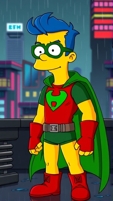 Milhouse Van Houten from The Simpsons, with his yellow skin, really big round nose, and blue hair that's slicked back and curled up at the top, but as a tall, 18-year old teenager, dressed as a parody of Robin, The Boy Wonder, with an extremely muscular torso and arms, a dark green bodysuit with a red torso adorned with a green H symbol on his chest, a grey utility belt, red boots, red long-cuffed gloves, a big, heel-length long, ultra-wide green cape, and a green eye mask with optical lenses in it, now known as Houseboy, The Nerd Wonder, the other half of Springfield's Dynamic Duo, and one of the greatest vigilante superheroes ever known in Springfield. He is currently standing in his secret high-tech underground lair, ready for action.