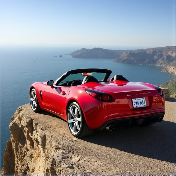2006 red pontiac solstice on edge on cliff
