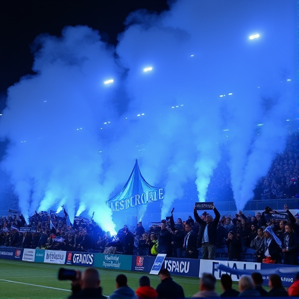 80 thousand fans for football club legsrspraed fc they were blue and white with smoke bombs and flares make them blue and white iswell with a display for katie dunne