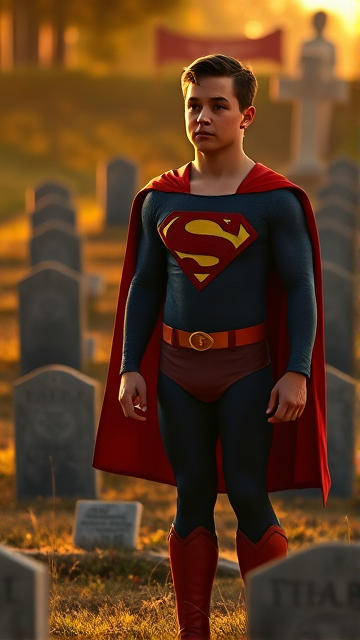1990's Movie Scene: Jon Kent, AKA Superboy, the young little 12-year old super son of Superman, and the first kid to be born as the world's first Half-Kryptonian child, with an extremely muscular body, the iconic costume, the singular curled bang sticking out at the front of his flat and smooth hair, and a long cape, standing in a graveyard, visiting the grave of his legendary, deceased father, and promises to take his place in the world and carry on his legacy through himself.
