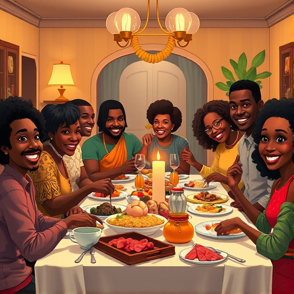 repas chaleureux d'une grande famille afro-américaine réunie autour d'une table festive, sourires et complicité, cuisine traditionnelle, intérieur accueillant