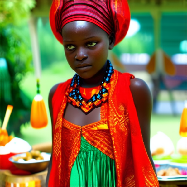 fête de famille africaine traditionnelle en plein air, avec des tenues colorées, un buffet de cuisine locale, danse et musique typique