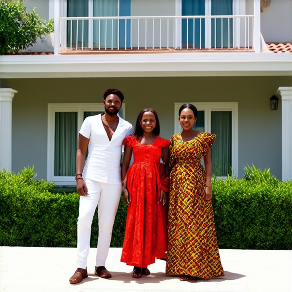 Famille africaine nombreuse et joyeuse, tous en tenues traditionnelles colorées, posant ensemble à l'extérieur. Ils sourient largement devant leur maison spacieuse qui allie élégance et design moderne avec des éléments architecturaux contemporains tels que de grandes baies vitrées et une terrasse épurée. Le cadre est verdoyant avec un jardin soigné autour de la propriété.