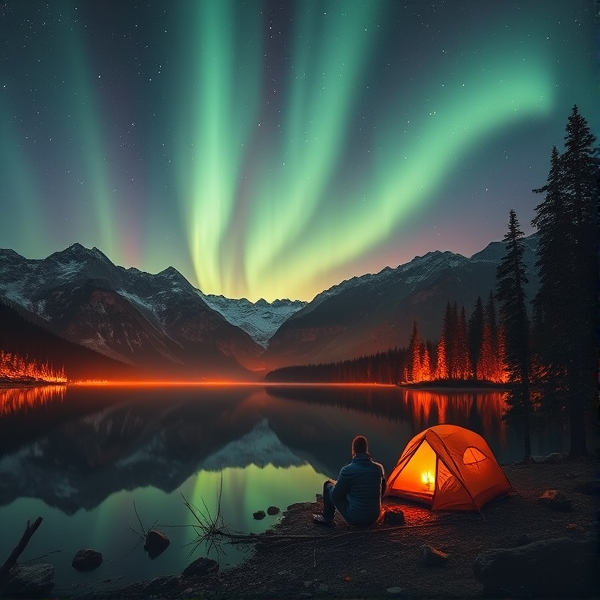 A man camping far away in aurora with mountains and trees with fire and lake