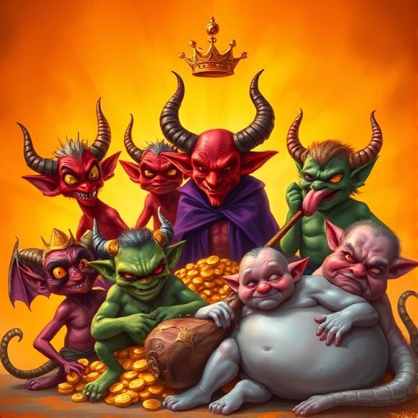 Seven whimsical imps embodying the seven deadly sins in a detailed, fantasy art style: One imp exudes Pride with an arrogant stance, bathed in radiant orange light, its head graced by a grand crown indicative of its vice. Another channels Wrath, its crimson body evoking smoldering coals, with intimidating, fiery horns arcing fiercely above. A Greed-driven imp is draped in purple, lounging atop a mound of shimmering gold coins, eyes burning with insatiable covetousness. Envy comes alive through a green-toned imp casting jealous glances at others with a sidelong stare. Gluttony is personified by an obese imp with yellowish skin tone, gorging on an overly large turkey leg. The sin of Lust is hinted by a pinkish imp wearing an alluring smirk and playfully sticking out its tongue. Finally, Sloth is depicted by a lethargic imp colored in shades of blue, sprawled carelessly as it succumbs to sleep. These sin-representative imps are arranged adjacent to one another in distinct poses that capture their respective vices