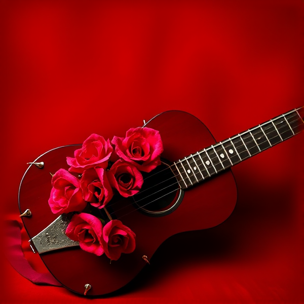 Red background a rosy guitar of thorns playing in a case