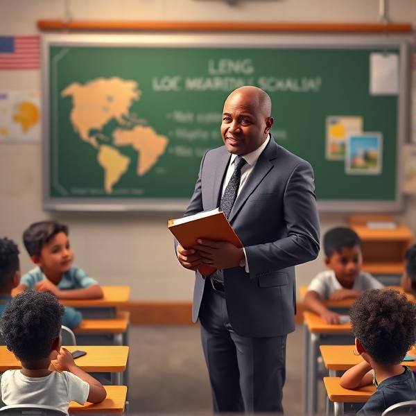 Directeur d'école afro-américain debout tenant un classeur dans ses mains portant un costume formel, dans une salle de classe avec un tableau vert, s'adressant  à un groupe d'élèves afro-américaines attentives de huit ans assises à leurs pupitres. Ils sont entourés de matériel pédagogique adapté à leur âge, comme des cartes géographiques, des affiches éducatives et des dessins d'enfants accrochés aux murs. La scène dégage une atmosphère chaleureuse et encourageante.