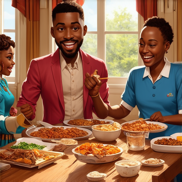 Repas de famille afro-américaine chaleureux et convivial, avec un grand assortiment de plats traditionnels soul food sur une grande table en bois, entourée de membres de la famille riant et partageant des moments ensemble dans une salle à manger bien éclairée et décorée pour l'occasion