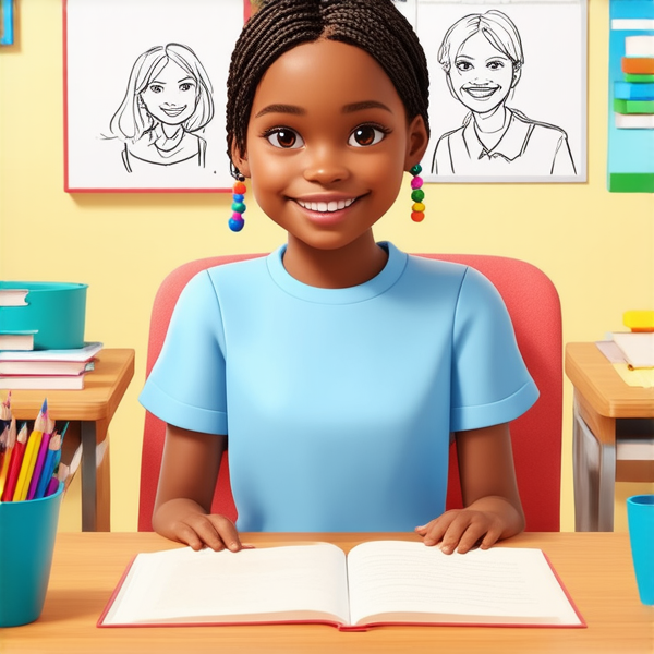 Jeune fille africaine de 8 ans vêtue d'une robe bleu ciel, coiffée de tresses africaines complexes avec des perles colorées, affichant un large sourire éclatant, assise sur une chaise d'écolier face à un bureau en bois clair, dans une salle de classe ensoleillée et bien éclairée, avec des fournitures scolaires et des dessins d'enfants visibles en arrière-plan avec un enseignant