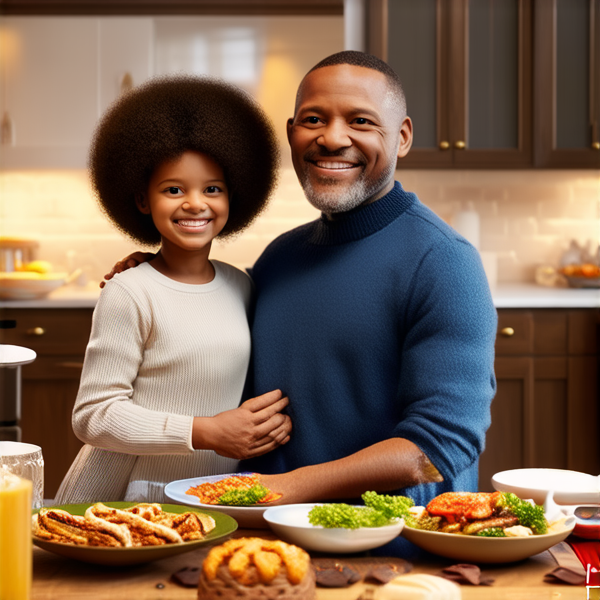 famille afro-américaine rayonnante de joie, posant pour un portrait avec de grands sourires, réunie autour d'une table de salle à manger impeccablement dressée avec divers plats savoureux et colorés, dans une cuisine spacieuse aux touches contemporaines et éclairage chaleureux