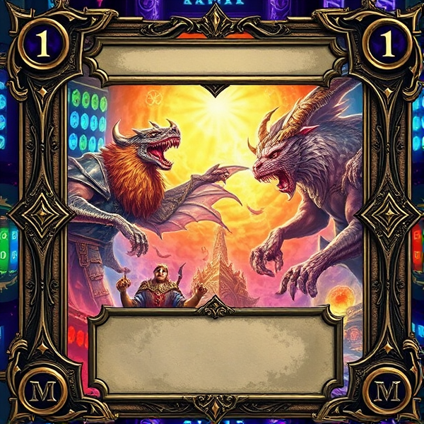 Create a detailed ccg card game template with intricate borders, an area for the card name at the top, a large central illustration window to showcase fantasy creatures or characters, a vivid and magical background theme, space at the bottom for ability text with an elegant font, and icon placeholders for mana cost and card type in the top corners. The overall design should feel mystical and ancient to fit a fantasy card battler game