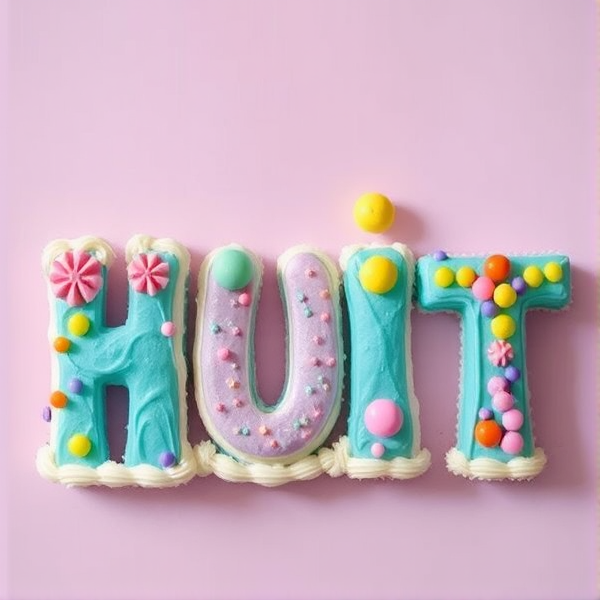 Create an image that spells out the word HUIT
I want the letters to be formed out of cake. Top the cakes with candys and decorations.
Make the colours pastel and colourful. Inclue the colours, blue, pink, purple, yellow and turquoise.