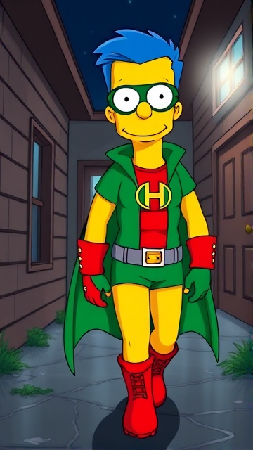 Milhouse Van Houten from The Simpsons, with his yellow skin, really big round nose, and blue hair that's slicked back at the top, but as an 18-year old teenager, dressed as a parody of Robin, The Boy Wonder, with an extremely muscular torso and arms, a green bodysuit with a red torso adorned with a green H symbol on his chest, a grey utility belt, red boots, red long-cuffed gloves, a big green cape, and a green eye mask with optical lenses in it, now known as Houseboy, The Nerd Wonder, the other half of Springfield's Dynamic Duo, and one of the greatest vigilante superheroes ever known in Springfield. He is currently walking through an abandoned house at night, looking for clues to the mystery he is trying to solve.