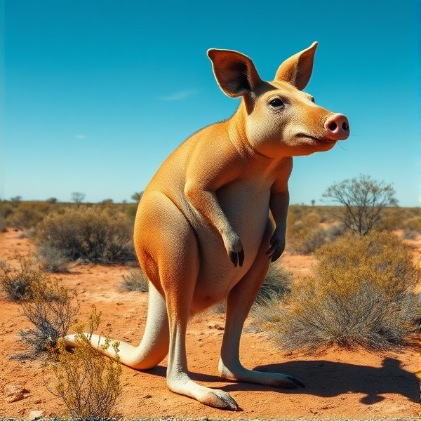 An imaginative hybrid creature with the muscular body and powerful hind legs of a kangaroo, combined with distinctive porcine features such as a snout, ears, and skin texture of a pig. It stands upright in the vivid, sunbathed landscape of the Australian outback, surrounded by sparse arid shrubs and underbrush beneath an expansive azure sky.