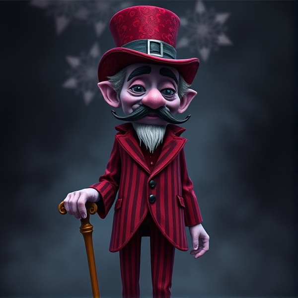 A dreamy elder man figure with purple skin, a dark squiggly mustache and a striped red velvet suit with a cane and a a top hat to match his suit and he’s tall
