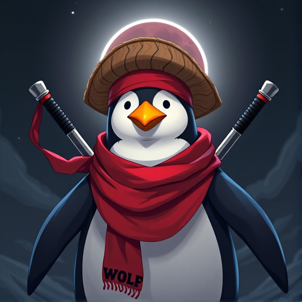 Pingouin maitre de l'éclipse lunaire et avec un écharpe rouge autours du cou et avec deux épées dans le dos et avec une tenue de pirate et avec écris WOLF sur l'écharpe et avec le chapeaux de paille de luffy